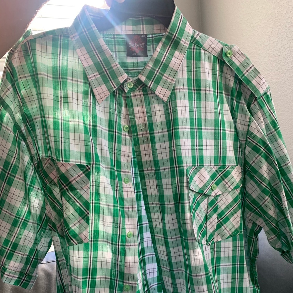 Green striped polo button up.